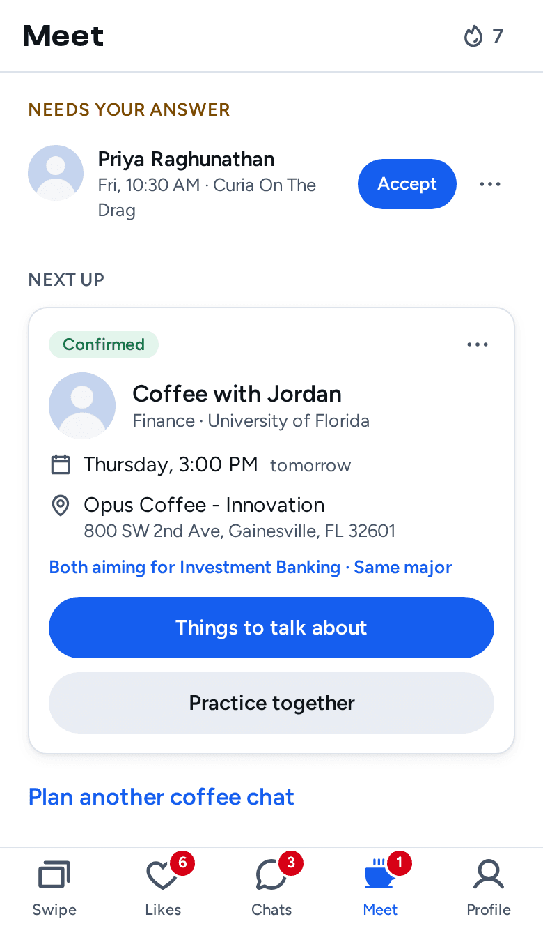 The Meet tab: an invite waiting for an answer, then the next coffee chat with its day, time and coffee shop, Things to talk about and Practice together.